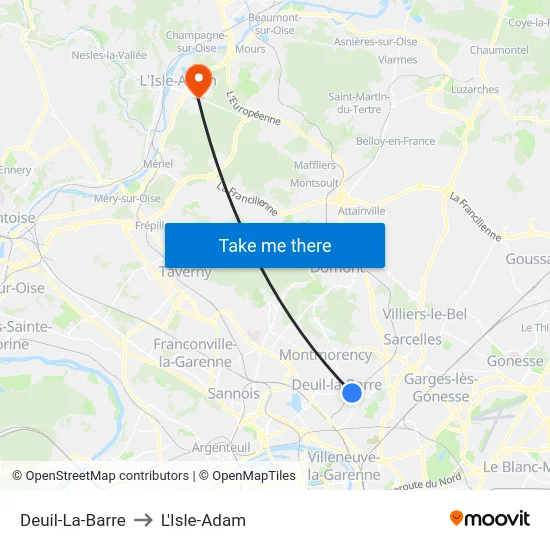 Deuil-La-Barre to L'Isle-Adam map