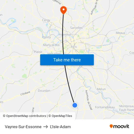 Vayres-Sur-Essonne to L'Isle-Adam map