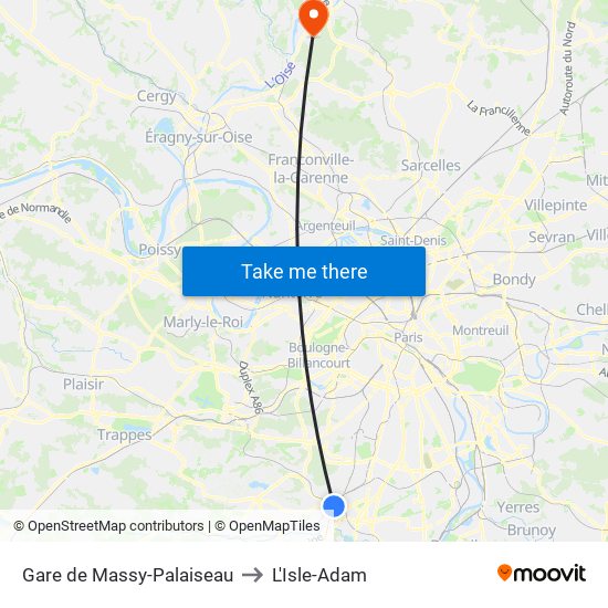 Gare de Massy-Palaiseau to L'Isle-Adam map
