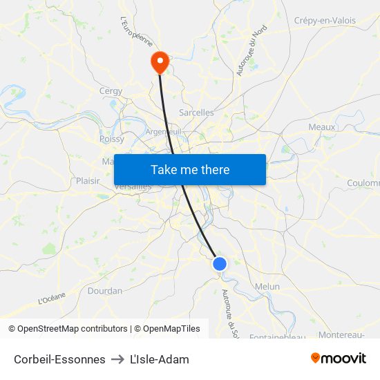 Corbeil-Essonnes to L'Isle-Adam map