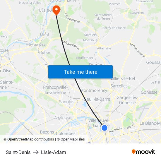 Saint-Denis to L'Isle-Adam map