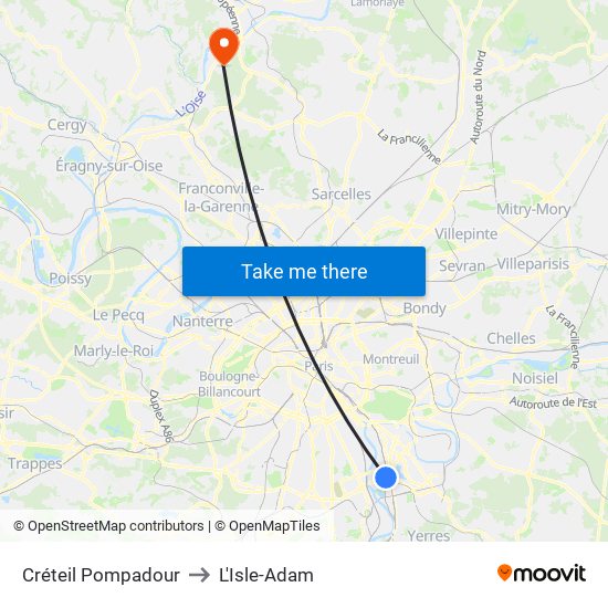 Créteil Pompadour to L'Isle-Adam map