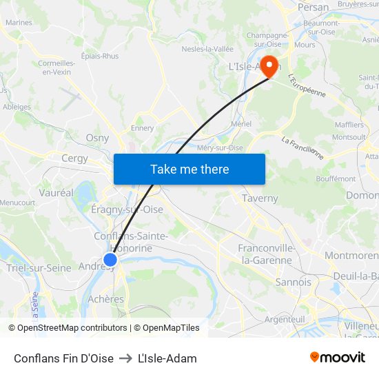 Conflans Fin D'Oise to L'Isle-Adam map