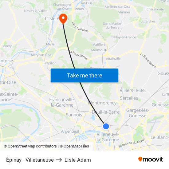 Épinay - Villetaneuse to L'Isle-Adam map