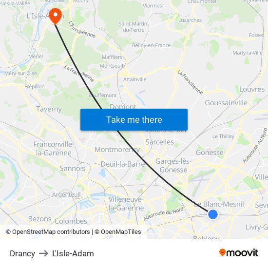 Drancy to L'Isle-Adam map