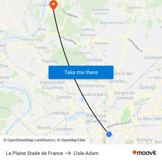 La Plaine Stade de France to L'Isle-Adam map