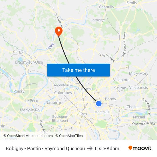 Bobigny - Pantin - Raymond Queneau to L'Isle-Adam map