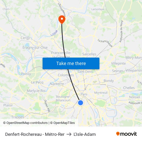 Denfert-Rochereau - Métro-Rer to L'Isle-Adam map