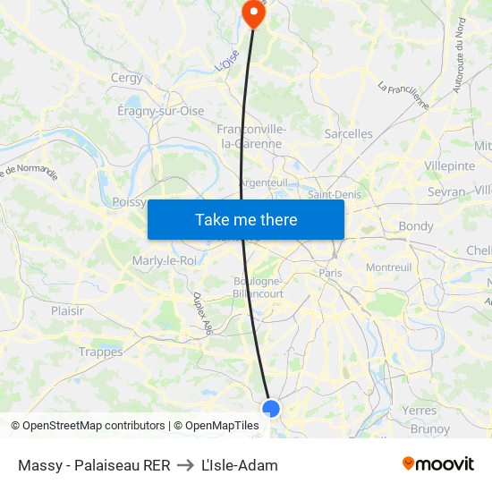 Massy - Palaiseau RER to L'Isle-Adam map