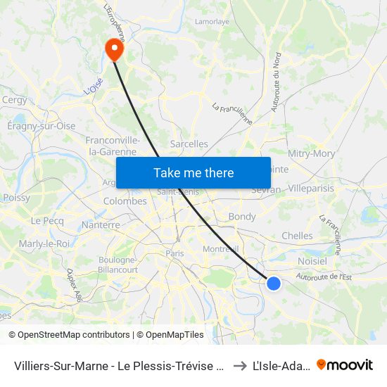 Villiers-Sur-Marne - Le Plessis-Trévise RER to L'Isle-Adam map