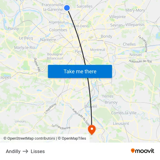 Andilly to Lisses map