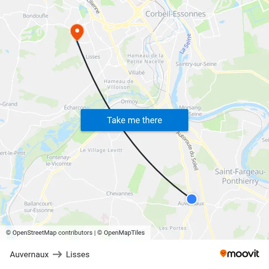 Auvernaux to Lisses map