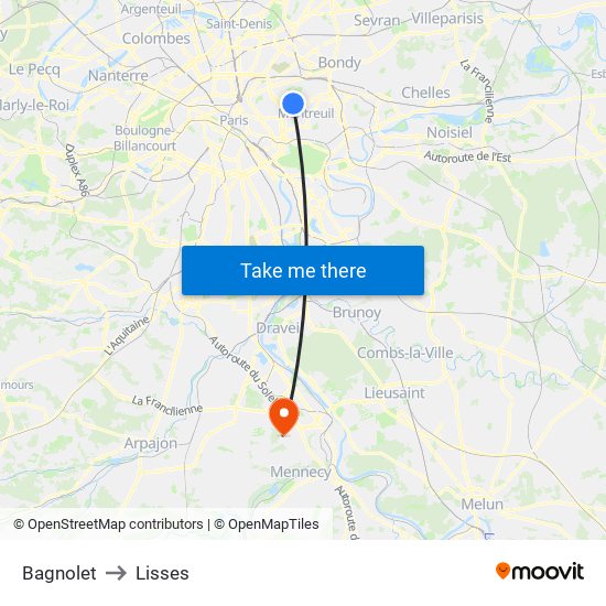 Bagnolet to Lisses map
