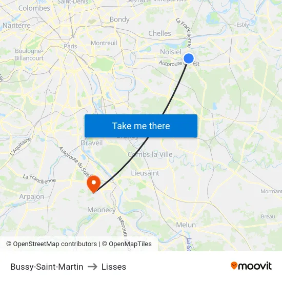 Bussy-Saint-Martin to Lisses map