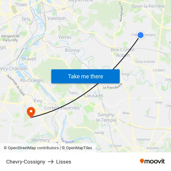 Chevry-Cossigny to Lisses map