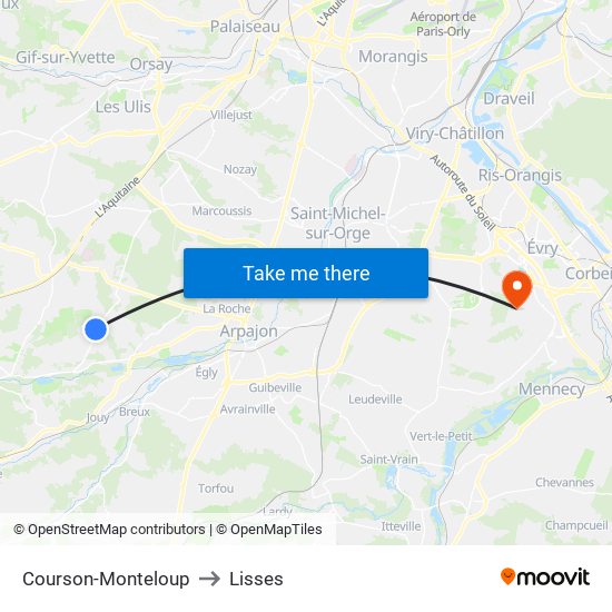 Courson-Monteloup to Lisses map
