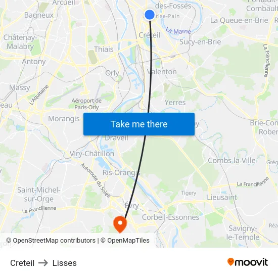 Creteil to Lisses map