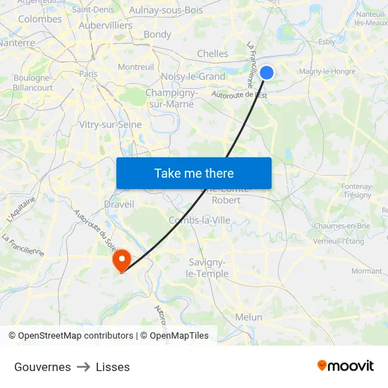Gouvernes to Lisses map