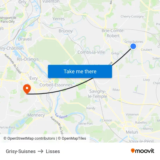 Grisy-Suisnes to Lisses map