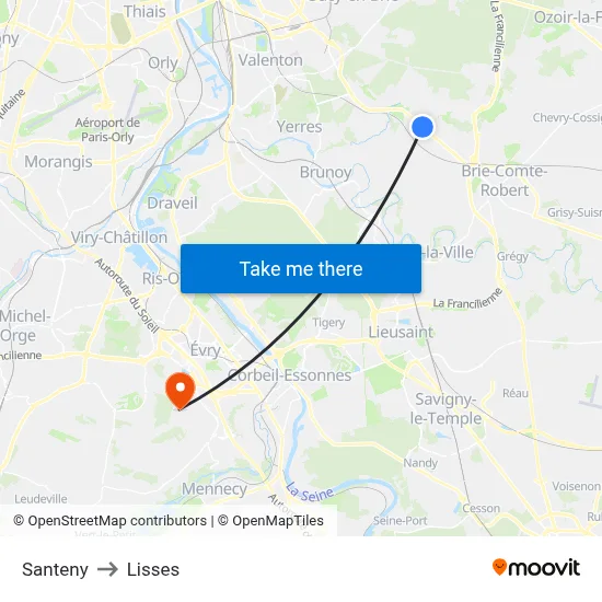 Santeny to Lisses map