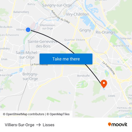 Villiers-Sur-Orge to Lisses map