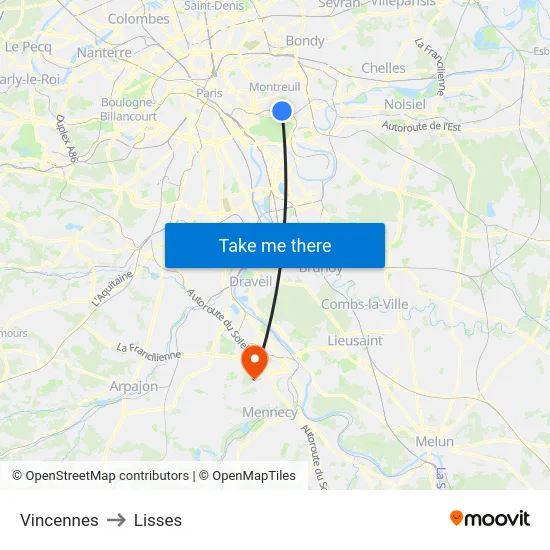Vincennes to Lisses map