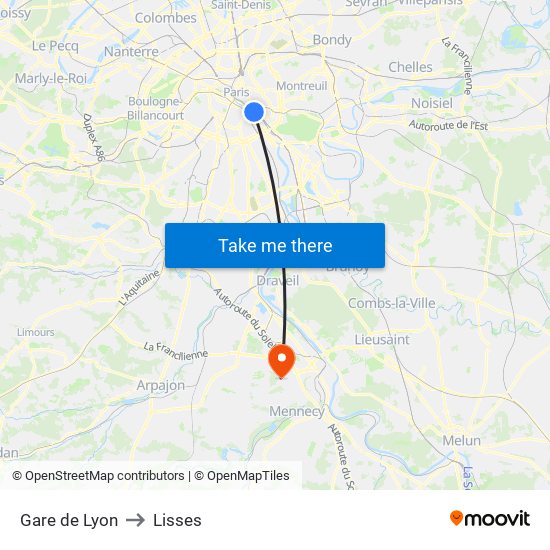 Gare de Lyon to Lisses map