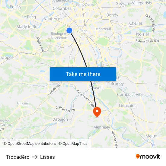 Trocadéro to Lisses map