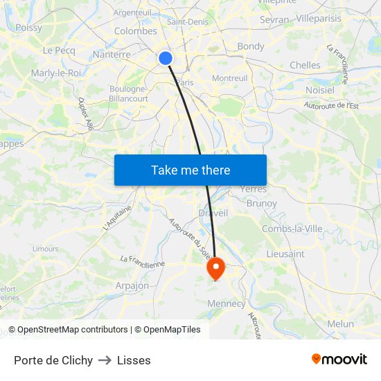 Porte de Clichy to Lisses map