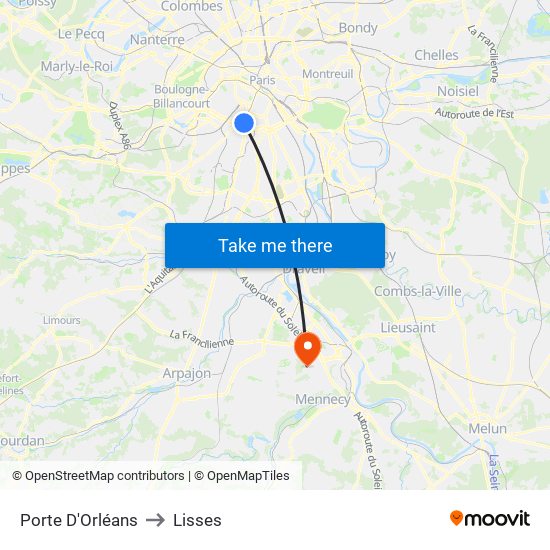 Porte D'Orléans to Lisses map
