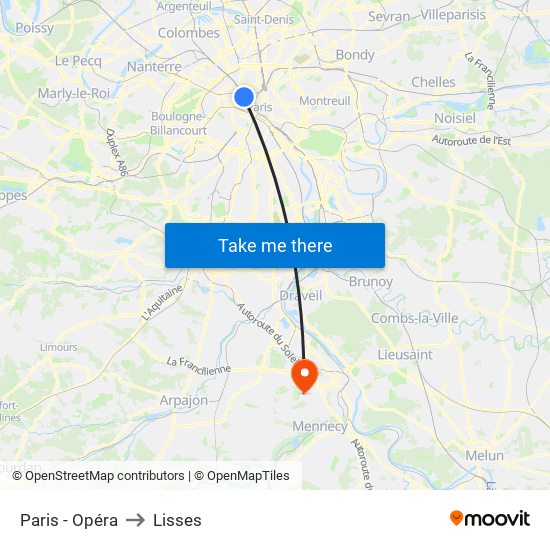 Paris - Opéra to Lisses map
