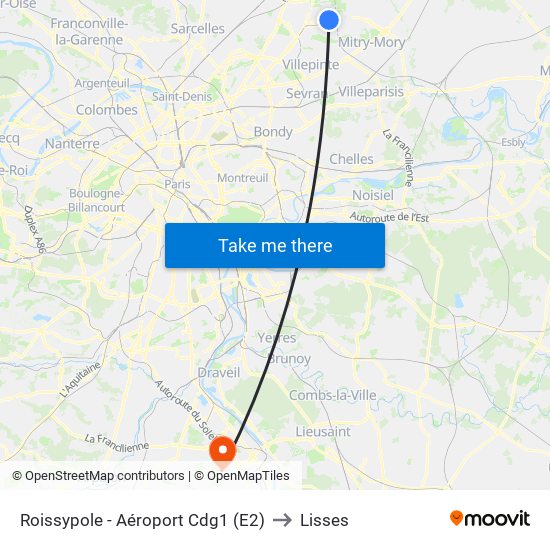 Roissypole - Aéroport Cdg1 (E2) to Lisses map