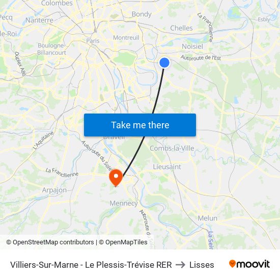 Villiers-Sur-Marne - Le Plessis-Trévise RER to Lisses map