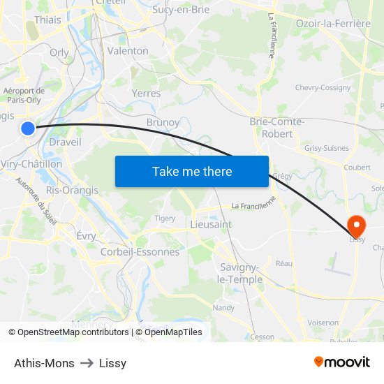 Athis-Mons to Lissy map