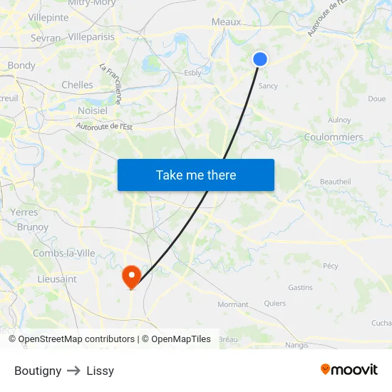 Boutigny to Lissy map