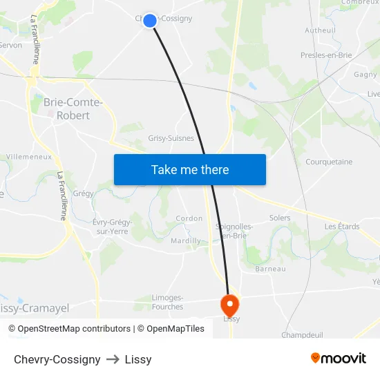 Chevry-Cossigny to Lissy map