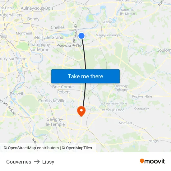 Gouvernes to Lissy map
