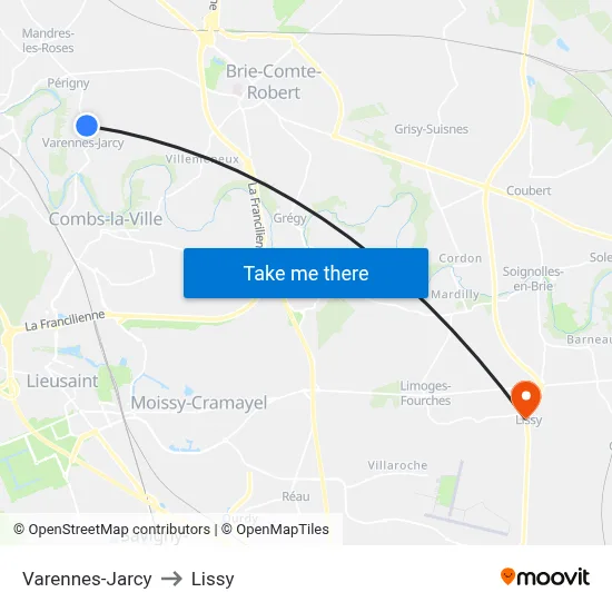 Varennes-Jarcy to Lissy map