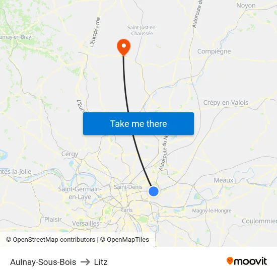 Aulnay-Sous-Bois to Litz map