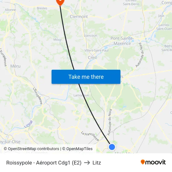 Roissypole - Aéroport Cdg1 (E2) to Litz map