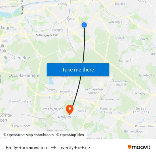Bailly-Romainvilliers to Liverdy-En-Brie map