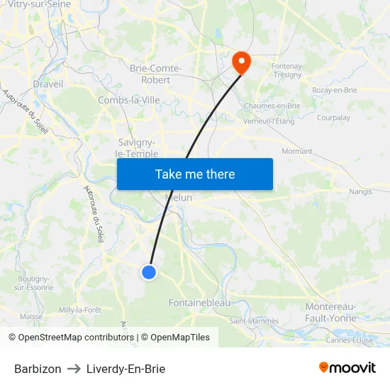 Barbizon to Liverdy-En-Brie map