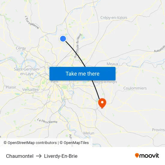 Chaumontel to Liverdy-En-Brie map