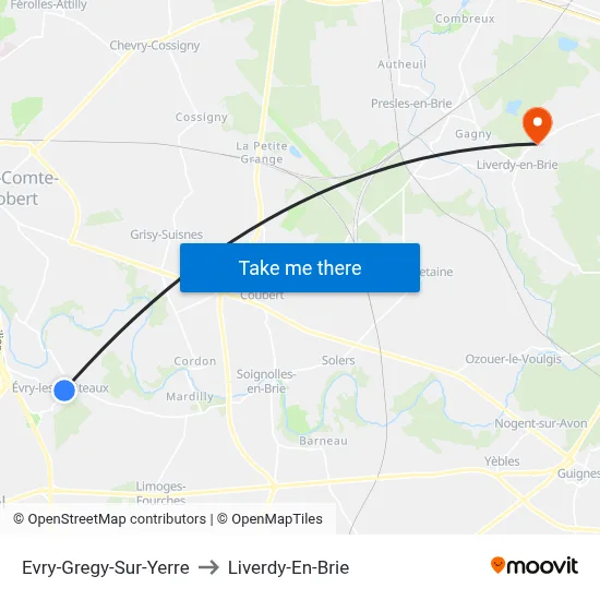 Evry-Gregy-Sur-Yerre to Liverdy-En-Brie map