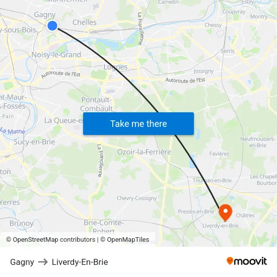 Gagny to Liverdy-En-Brie map