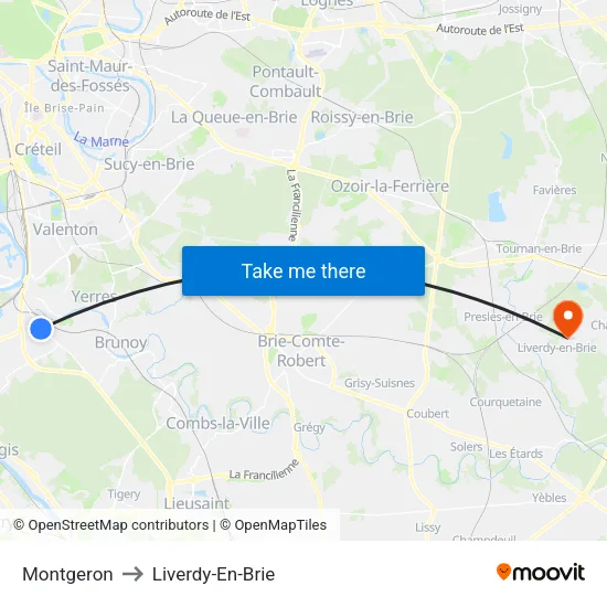 Montgeron to Liverdy-En-Brie map