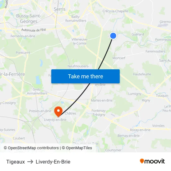 Tigeaux to Liverdy-En-Brie map