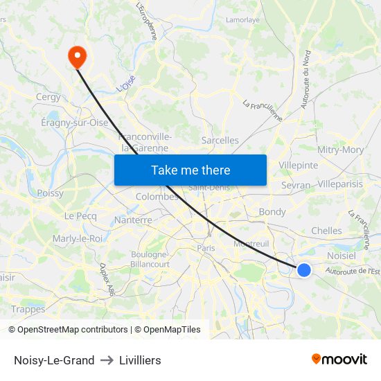 Noisy-Le-Grand to Livilliers map