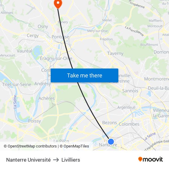 Nanterre Université to Livilliers map