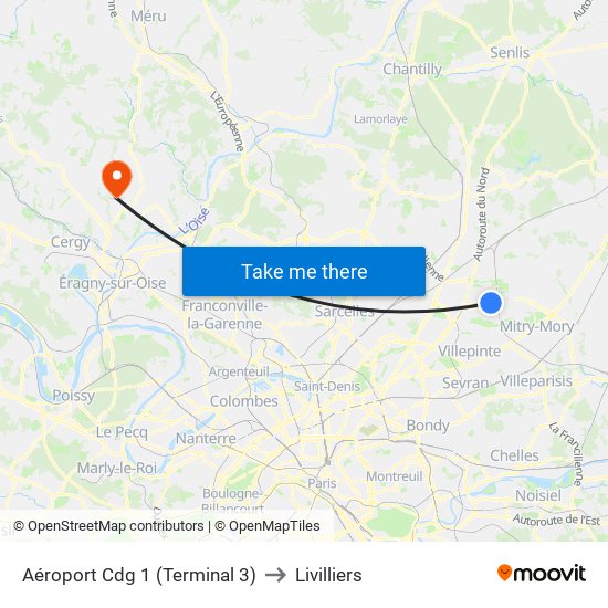 Aéroport Cdg 1 (Terminal 3) to Livilliers map